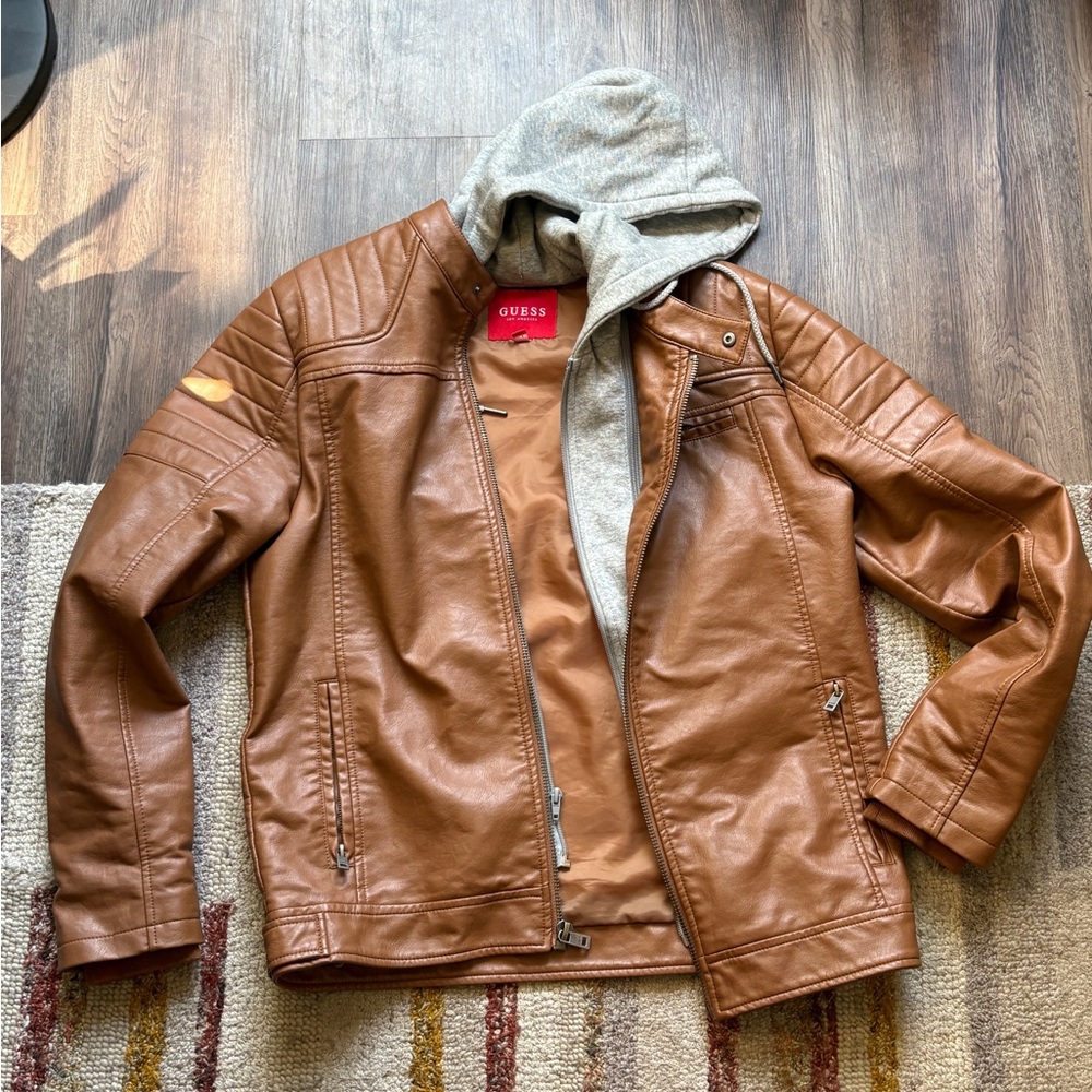 GUESS Men's Leather Jacket w/ Hood